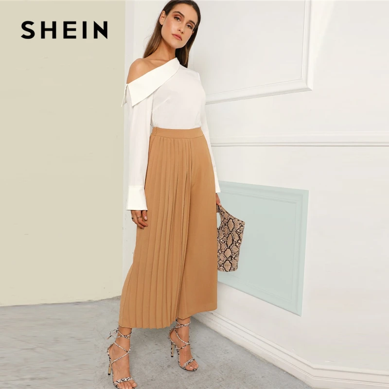 SHEIN Широкие Брюки В Складку Бохо С Середины Талии 2019 Женская Осенняя Одежда