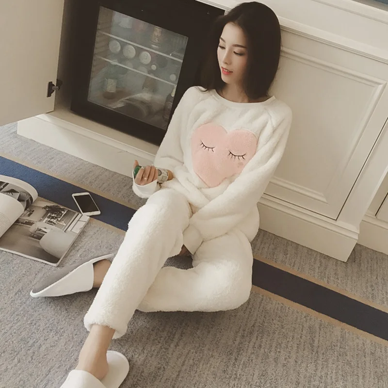 Женские пижамные комплекты из кораллового флиса, осень, милые теплые ...
