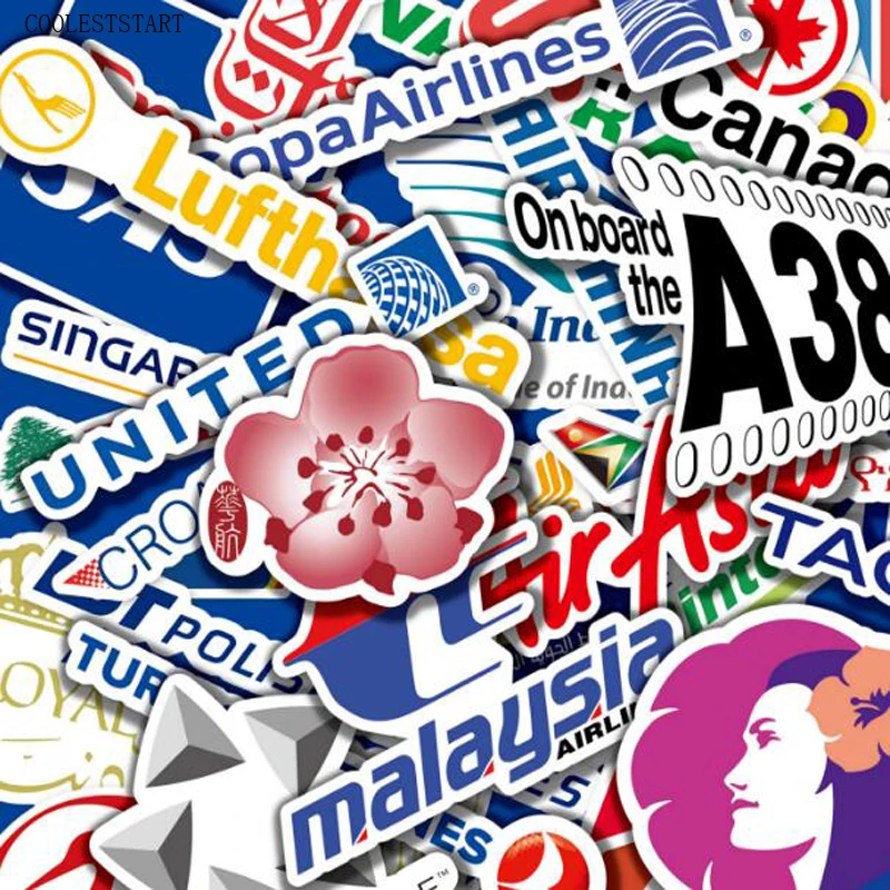 

52pcs/bag 2017 New Style Airline Pvc Sticker Waterproof Stickers Fashion Trunk Laptop Brand Handbag Stickers Toys
