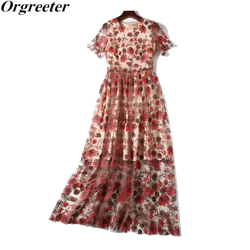 

See through Mesh Embroidery Floral Long Dress Elegant O-neck Short sleeve A-line Summer Dress Fashion Beach Dress Vestidos