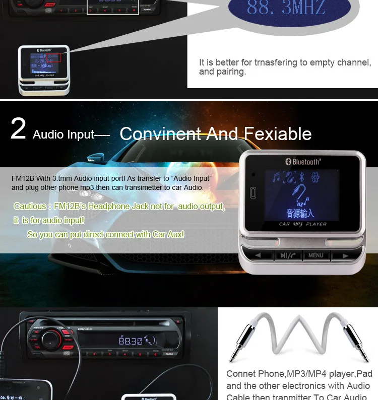 Bluetooth Автомобильный MP3-плеер FM12B Беспроводной fm-передатчик ЖК-дисплей Экран автомобильный комплект с USB Зарядное устройство Поддержка карты