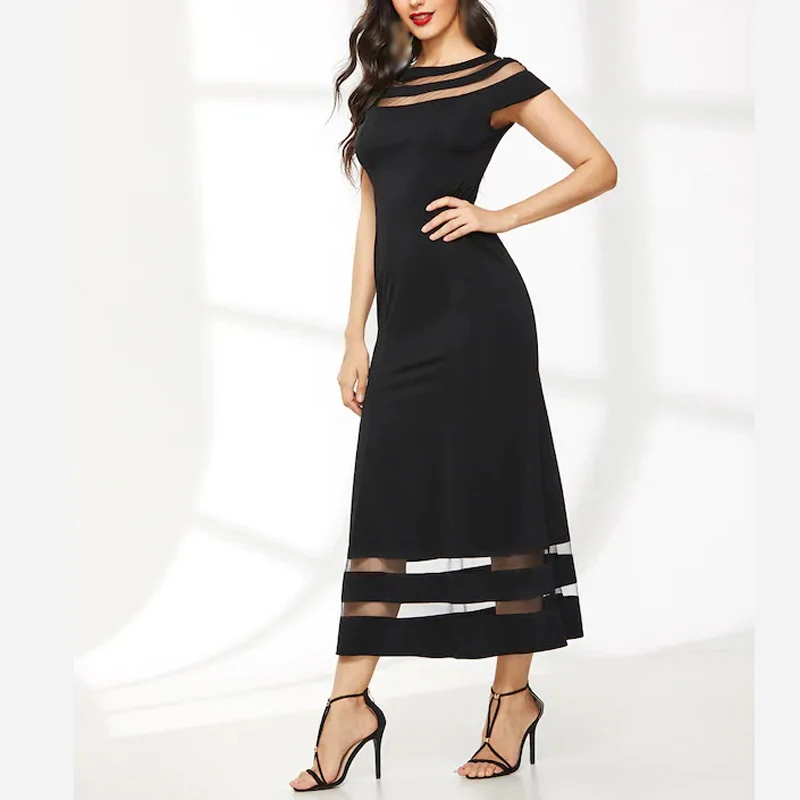 

Women Vintage Long Dress Sexy Fashion Round Collar Mesh Black Splicing Maxi Slim A-line Business Office Lady Party Dress