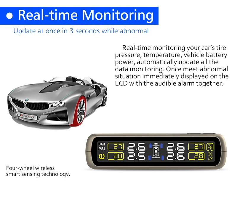 CAREUD солнечная энергия и USB зарядка автомобиля TPMS беспроводная система контроля давления в шинах с 4 внутренними датчиками ЖК-дисплей