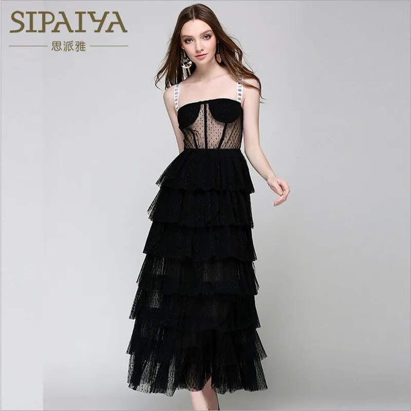 

Brand Quality Women Dresses Spaghetti Strap Sleeveless High Waist Black Mesh Cake Dress Hollow Out Backless Lady Party Vestidos