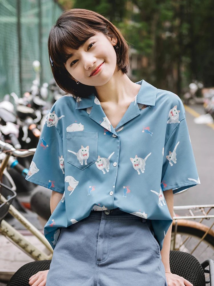 

Princess sweet lolita blouse Original design summer Japanese Cat Printed Short-sleeved Shirt Girl Student Loose blouse BYJ093
