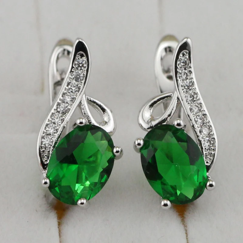 Classy Crazy Nice Green CZ Gems Hoop Earrings Rhodium Plated Jewelry
