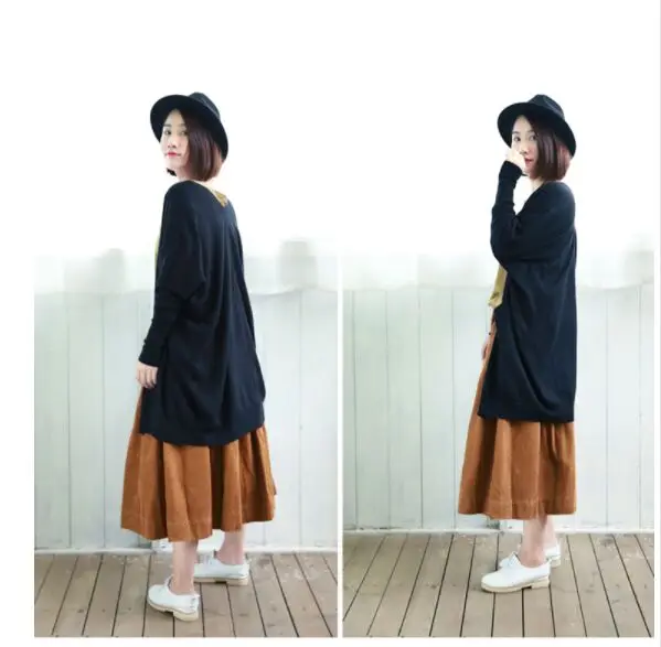 Literature Plus Size Style Corduroy Skirt Mid-length Vintage Loose A-line Type Skirt Elastic Waist Pleated Bubble Long Skirt 15