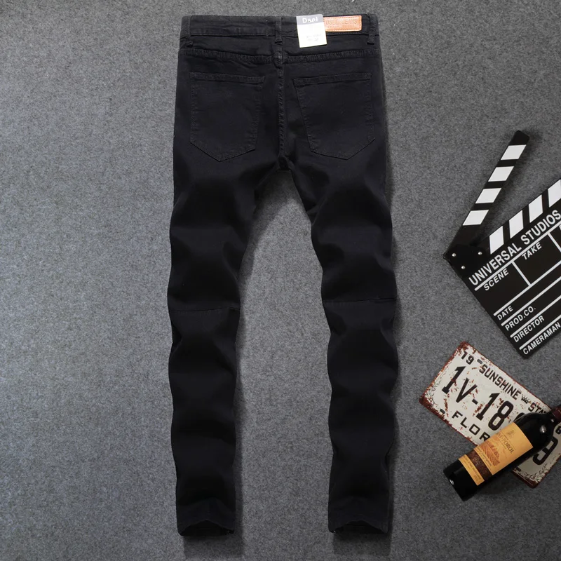 American Streetwear Fashion Men Jeans Black Color Skinny Jeans Ankle Zipper Knee Fray Hole Ripped Jeans Men Hip Hop Jeans homme