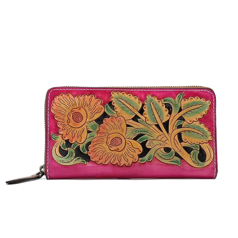 

Genuine Leather Women Wallet Long Purse Hand Carved National Cowhide multiple Cards Holder Clutch bag Fashion Standard Wallet