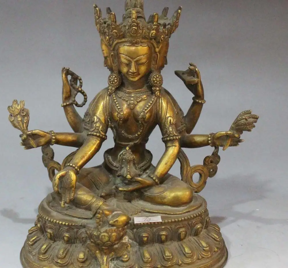 

Tibet Bronze 24K Gold 3 Head 6 Arms Vajra Ushnishavijaya Namgyalma Buddha Statue