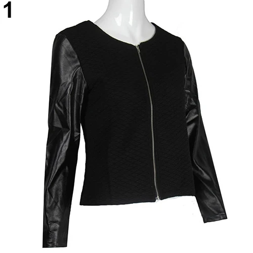 

Women's Fashion Casual Faux Leather Splicing Zipper Long Sleeve Jacket Coat