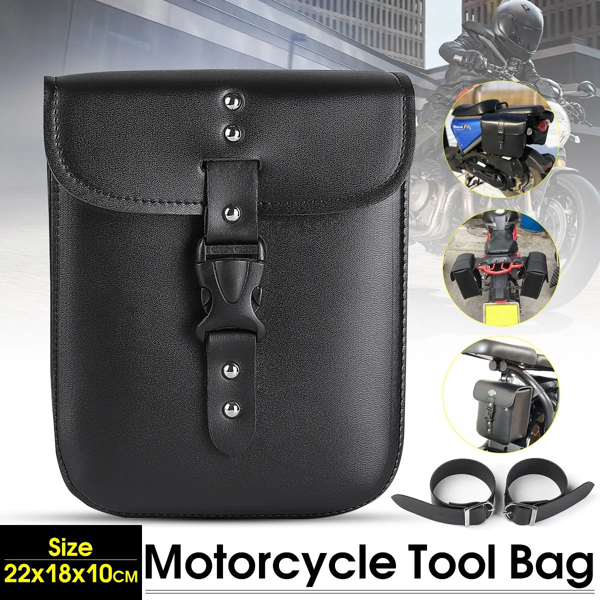 

High Quality Black PU Leather Motorcycle Tool Saddle case Bags Side Storage Side Storage Tool Pouches With Mounting Straps