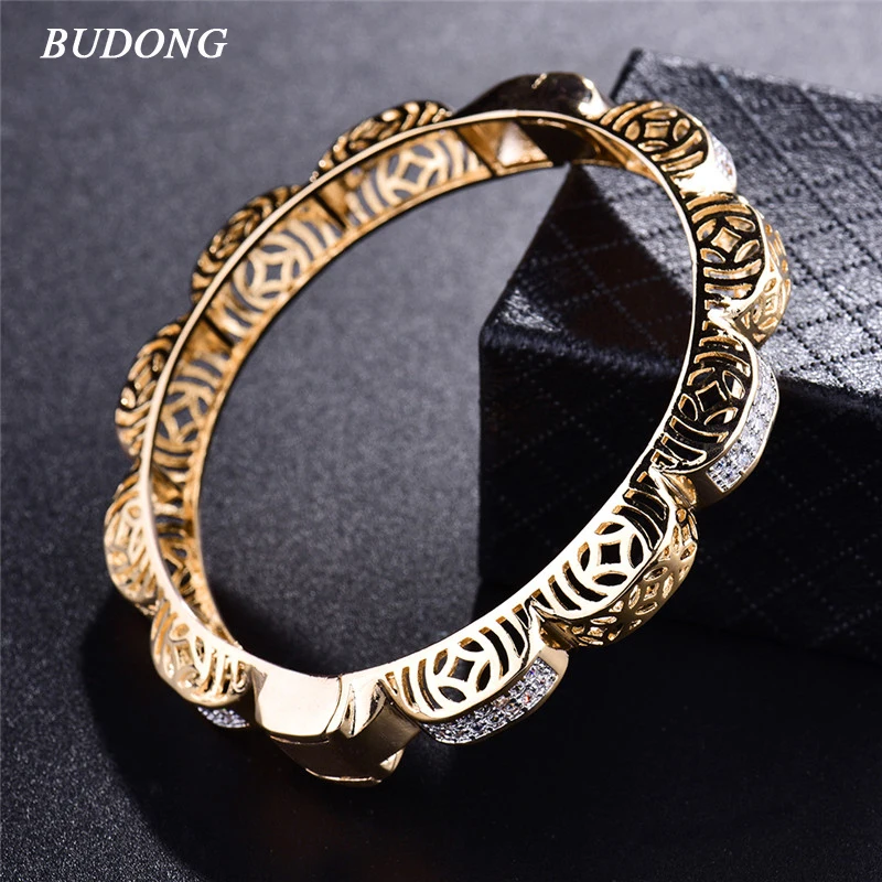 

BUDONG 2017 Brand Luxury Flowe Infinity Bangle for Women Silver/Gold-Color Pulsera White CZ Zircon Statement Jewelry XUZ029