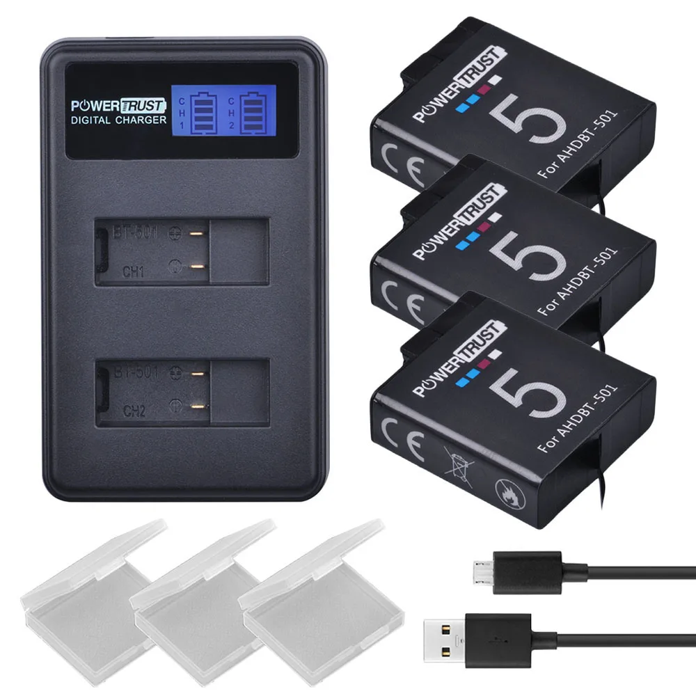

3Pcs 1600mAh AHDBT-501 AHDBT501 AHDBT 501 Battery for Gopro Hero 5 battery + LCD Dual USB Charger For GoPro 5 Hero5 4K Camera
