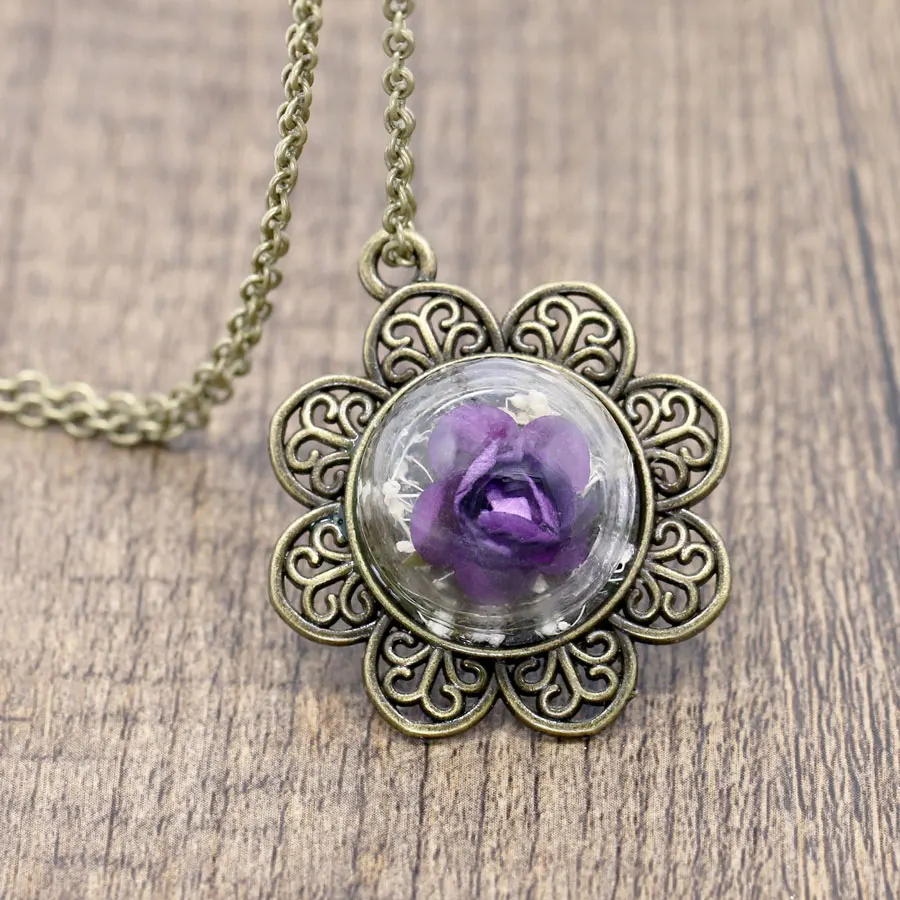 NingXiang Vintage Natural Purple Forever Rose Flower Glass Case