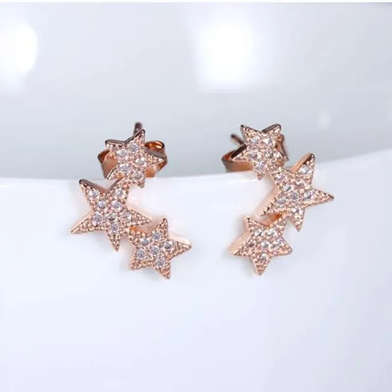 

LUKENI Pure 925 Sterling Silver Earrings For Women Jewelry Shiny Crystal Star Rose Gold Stud Earrings Jewelry Girl Birthday Gift
