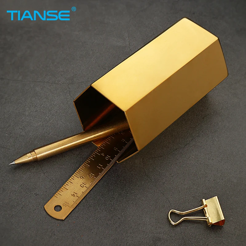 Tianse Golden Brass Pen Holder Stainless Steel Metal Desk