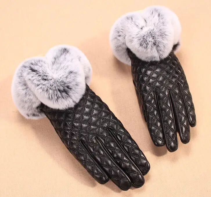 

Women's winter thicken fleece lining glove lady's natural sheepskin leather glove checked plaid rabbit fur driving glove R275