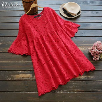 

Women's Embroidery Blouse 2020 ZANZEA Plus Size Summer Tunic Woman Hollow Blusas Mujer Half Sleeve Chemise Female Casual Shirts