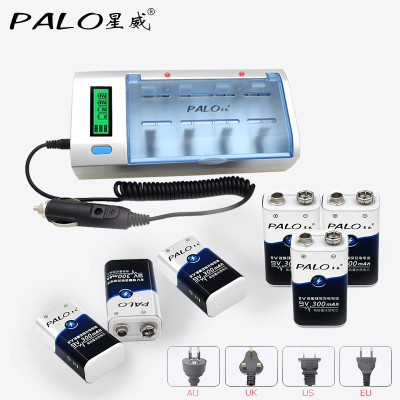 

HOT! PALO Battery Charger 4 Slots LCD Display Intelligent Charger For AA/AAA/SC/C/D/9V battery+6pcs 9V Rechargeable Batteries