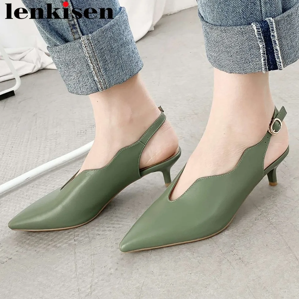 

Plus size full grain leather kitten heels buckle strap pointed toe Hollywood movie stars slingback sandals gathering shoes L81