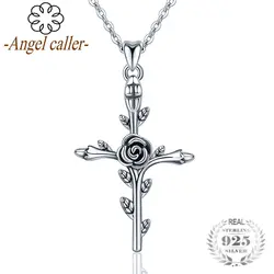 Ангел абонент Аутентичные 925 пробы Серебряная роза лист крест кулон ожерелья для Для женщин тонкой Серебряные ювелирные изделия ожерелье