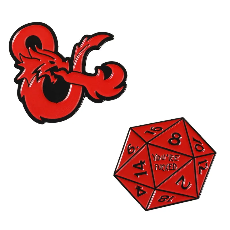 Подземелья и Драконы эмаль контакты 20 кубика Дракон контактный красный Панк настольные игры значки броши для Для женщин Для мужчин D20 DnD ювелирные изделия - Окраска металла: 2pcs