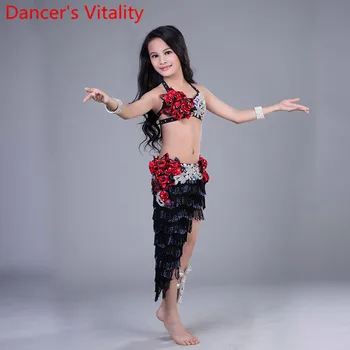 

2017 Professional new girl Belly Dance tassel Long Skirt Set child Sexy Dancer Practice Costume Set +skirt white and black