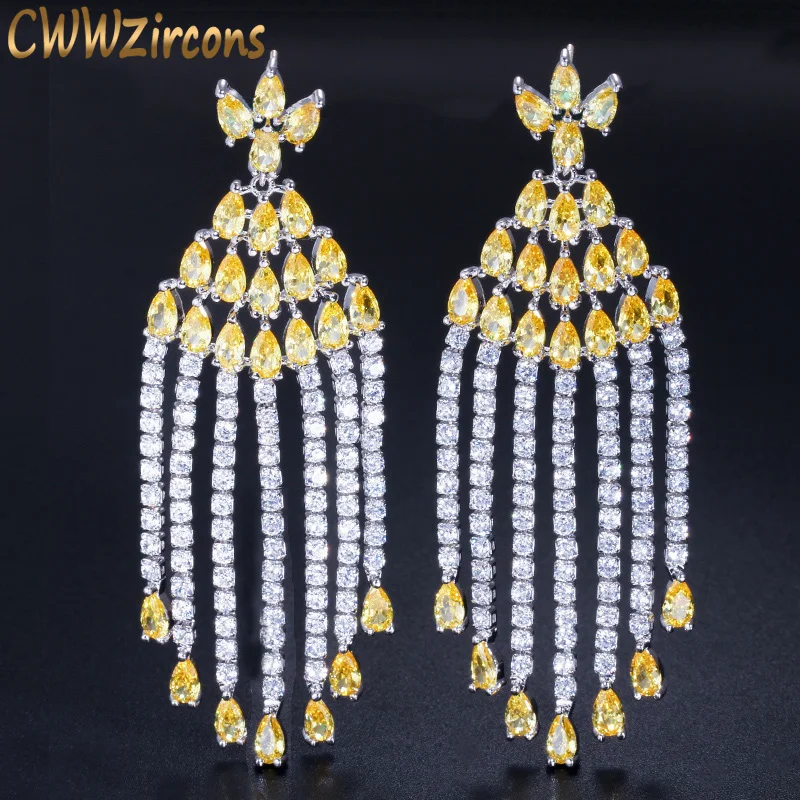 Женские серьги кисточки CWWZircons длинная водяная капля с желтым | Серьги-подвески -32965341396