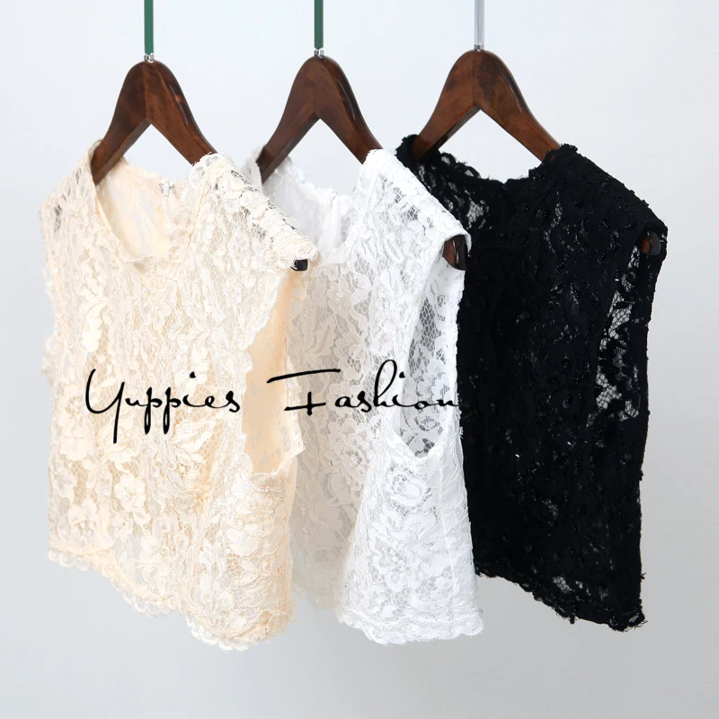 

[Custom Made] Lace Tops Women Sleeveless White Beaded Crop Top Back Zipper & Buttons Vest Tank Blusas Camisa