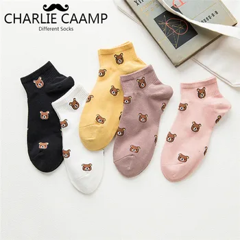 

5Pieces/lot Women Socks Spring Summer New Cotton Cute Cartoon Bear Head Boat Socks Ladies Street Casual Shallow Mouth Socks S225
