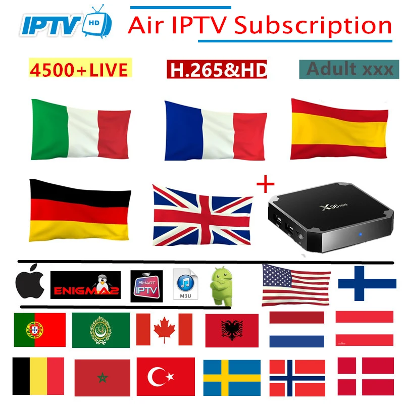 

Air IPTV Subscription France Benelux Sports Arabic Spain Sweden Swiss Portugal Nordic for Smart TV M3U Enigma2 Android tv box