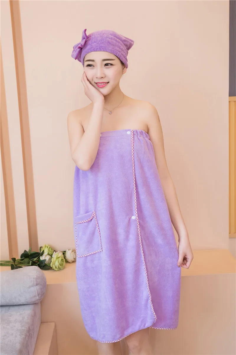 XC USHIO 1 set Magic Soft Wearable Woman Bath Towel With Hair Towel & Pocket & Button & Waist Design Fashion Bath Skirt GF Gift (14)
