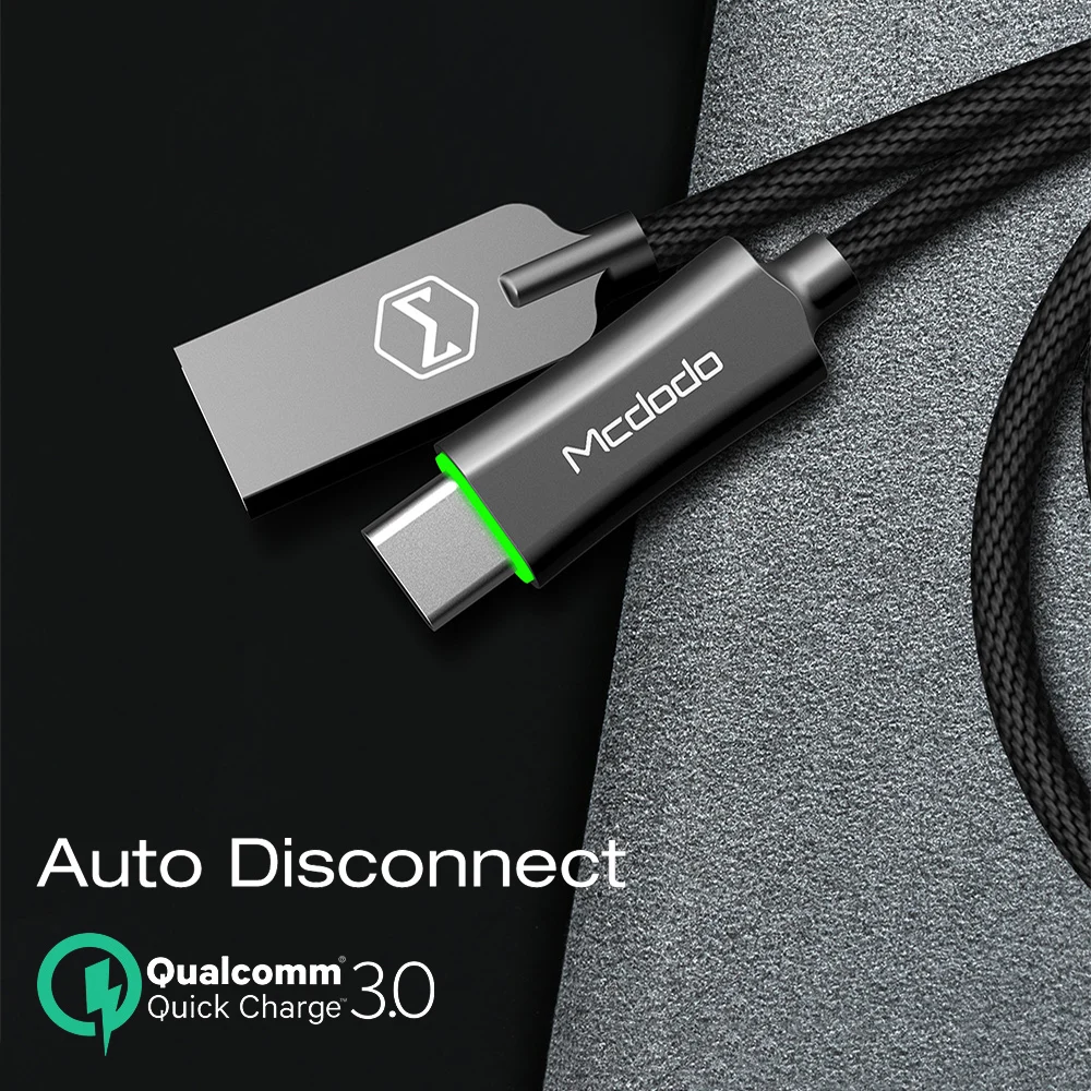 MCDODO Тип USB c быстрой зарядки автоотключения USB C кабель для Samsung Xiaomi OnePlus 5 со светодиодной подсветкой тип-c