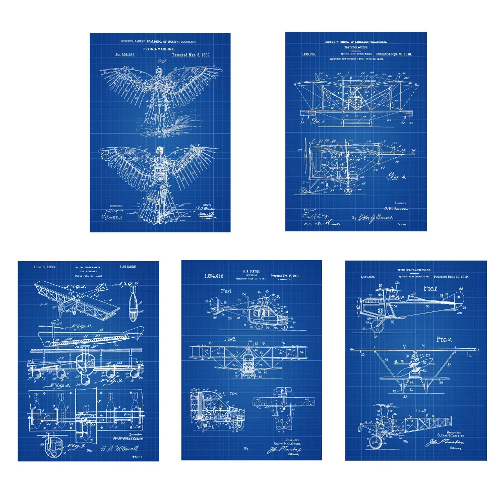 Винтажный ранний самолет Летающий аппарат наборы художественных печатных патентов 5 в 1 самолет детский самолет стены искусства классический самолет