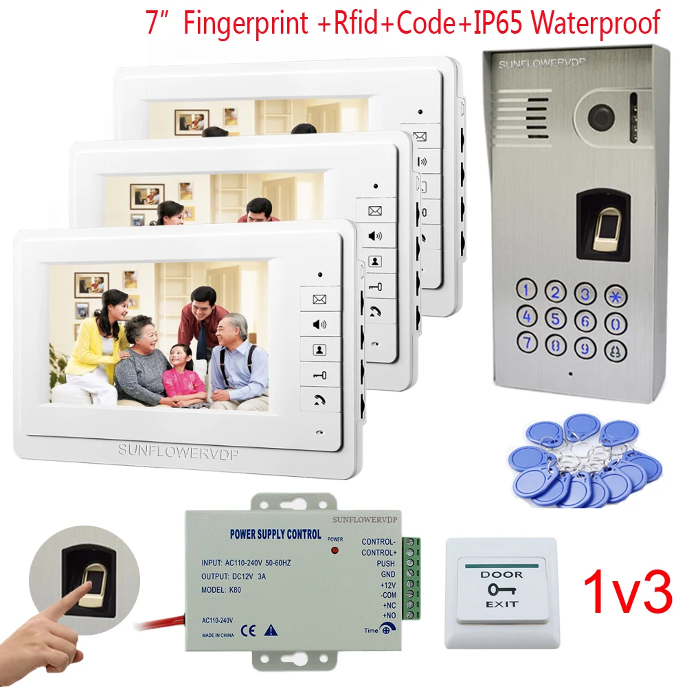 

IP65 Waterproof Doorbell Intercom Fingerprint Rfid Keypad Home Intercom 3 Monitors 7" Color Lcd Video Interphone Door Bell 1v3