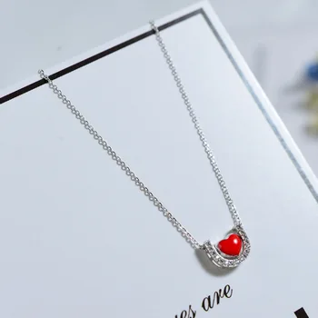 

S925 Sterling Silvery Red Heart U English Letter Necklace Insert Drill Female