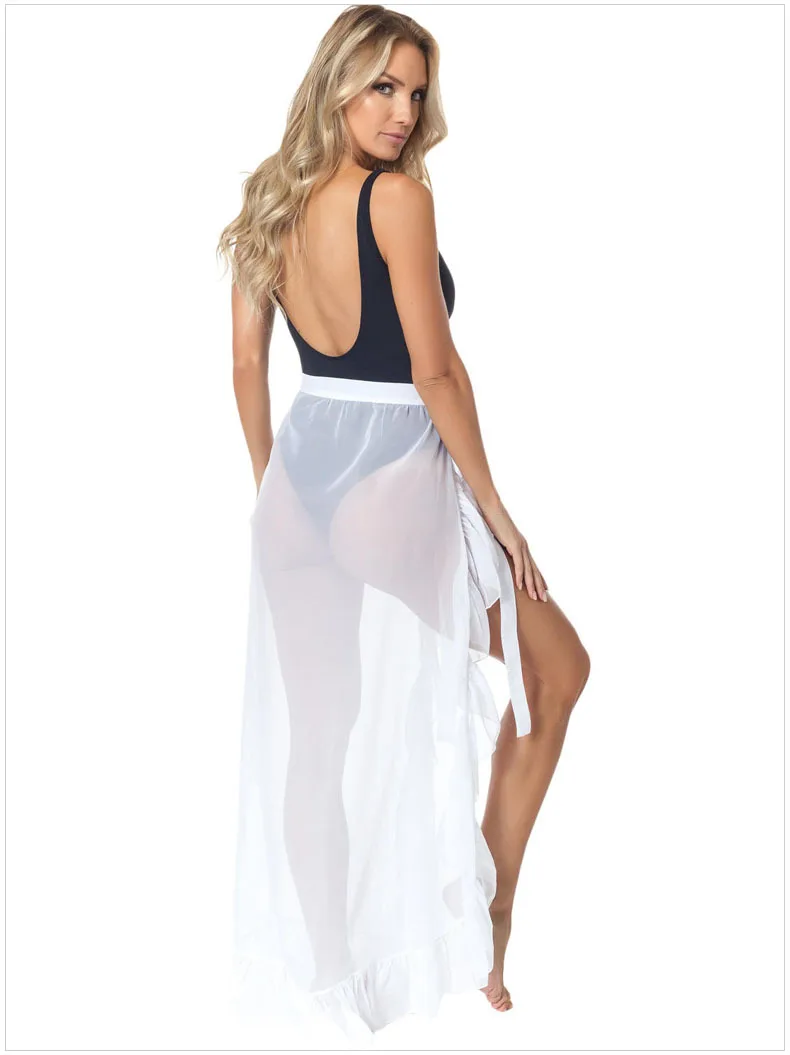Летние рюшами обёрточная бумага юбка в стиле бохо для женщин накидка для пляжа Асимметричная юбка высокая талия сбоку разделение Femme