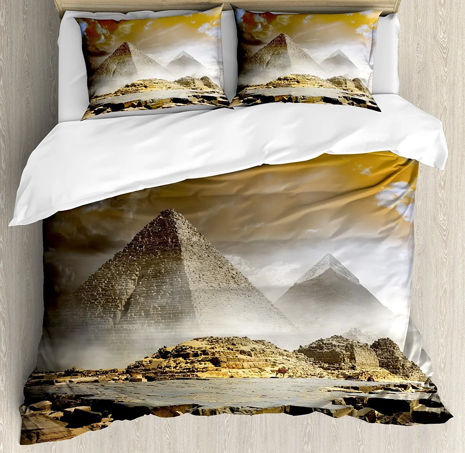

Duvet Cover Set, Storm Clouds over Pyramids Magical Photo of Ancient Culture Icons Middle Eastern Art, 4 Piece Bedding Set