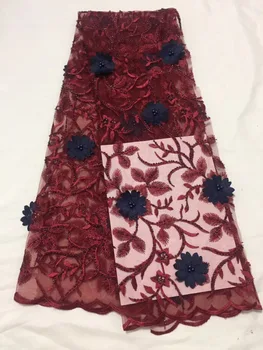 

2018 High Quality African Lace Fabric wine red blue French Net 3 d Embroidery Beads Tulle Lace Fabric For Nigerian party Dress