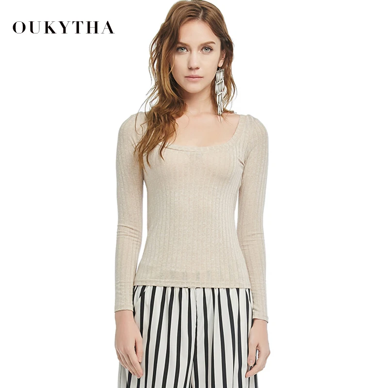 

Oukytha 2018 Autumn Fashion T Shirt Woman Sexy Long Sleeve Women Tops All Cotton U- Collar Striped Basic T shirt M15395
