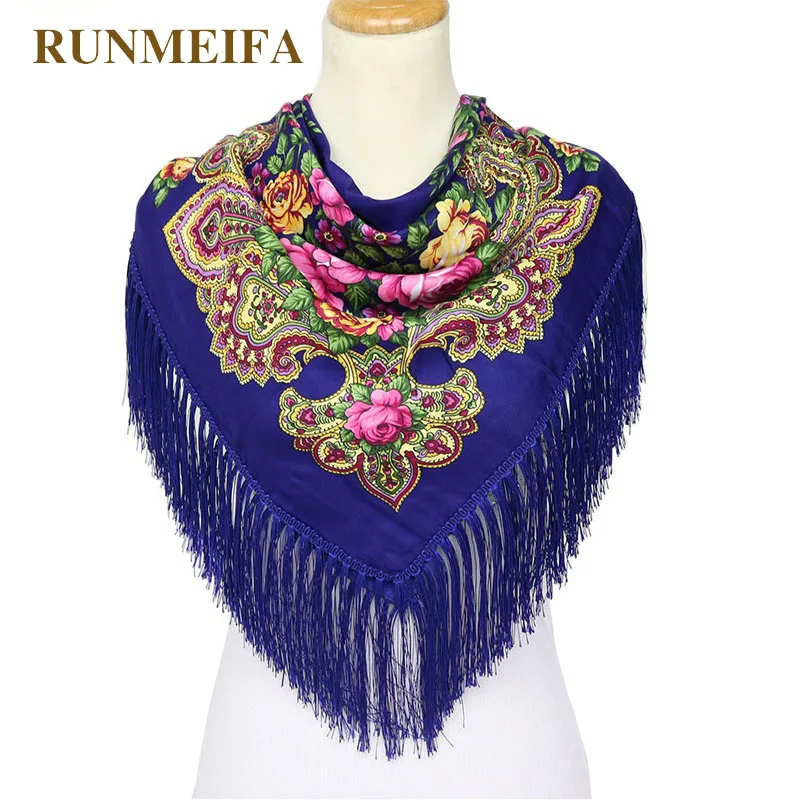Runmeifa Лидер продаж Новый стиль квадратный шарф с бахромой пашмины толстый Цветочный принт палантин Обертывания Дамы шарф осень/зима платки