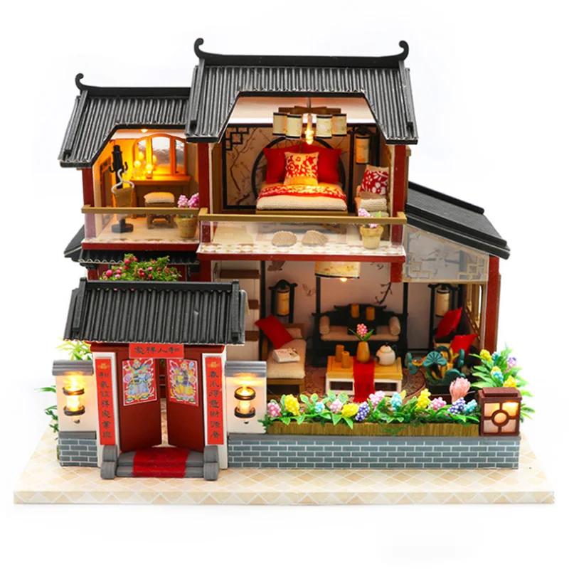 

Doll House Chinese Style Hotel Miniature Dollhouse Assembly Kit Toy Wooden Retro Shop Furniture House Toys For Children No Cov