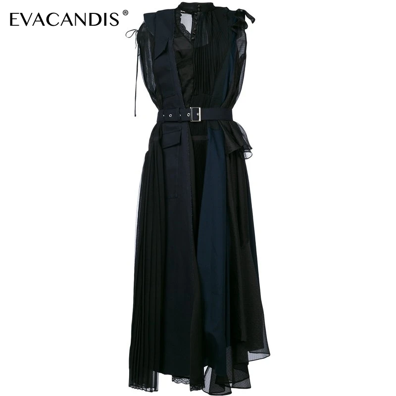 

Sleeveless Pleated Dress Black V Neck Long Ruffle Lace Shirt Elegant Korean Tunic Asymmetric Summer Dress Women Vestidos