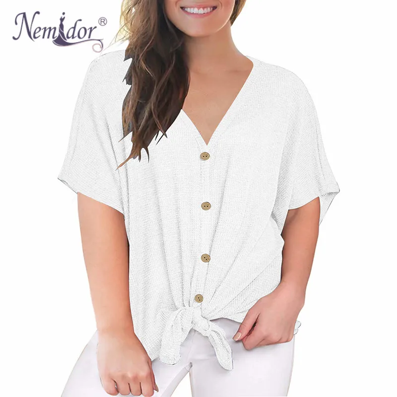 Nemidor Women's Casual Short Sleeve V Neck Button Down T Shirts Tie Front Knot Summer Loose Tops Blouses (9)