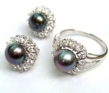 

free shipping $wholesale_jewelry_wig$ Noblest r black pearl Ring+Earring jewelry set