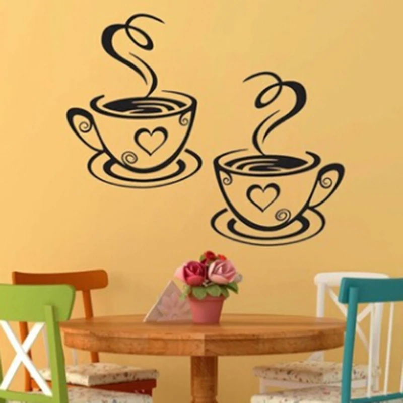 Double Coffee Cups Home Kitchen Restaurant Cafe Tea Wall Decor Room Decoration Vinyl Art Decals Sticker Stickers | Дом и сад