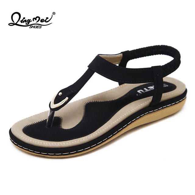 QINGMEI Summer Women's Bohemian Elastic Band Sandals Flip Flop T-Strap Flats Thong Shoes Soft TPR Sole Sandalias Planas Mujer