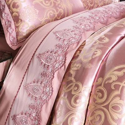 White Silver Color Jacquard Luxury Bedding sets 4/6 Pcs Queen/King size lace cotton Stain Bed set Bed linen Duvet cover pillow 97