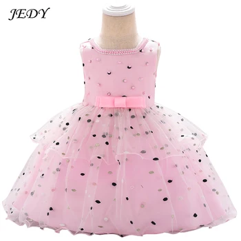 

3 To 24 Months Kids Pure Cotton Lining Party Wave Point Voile Dress with Pearl 1 Year Girl Baby Birthday Princess Wedding Dress